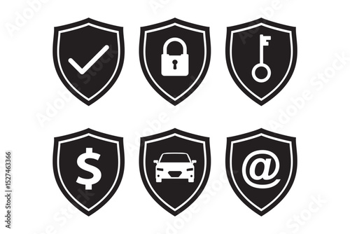 Lock internet security icon, Set of security shield icons with check mark, padlock, car and others. Black shield sign isolated on white background. Safety, protection sign.