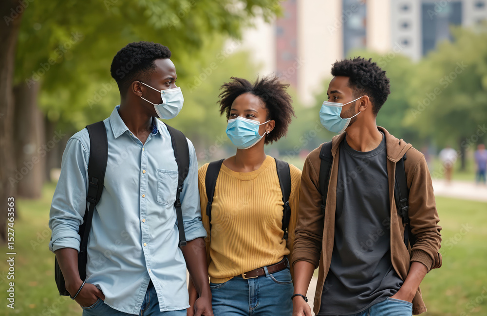 Fototapeta premium Young African people walking in park wearing protective face masks. Smiling diverse students in summer. Friends, classmates spend time outdoors together. Pandemic health safety, flu prevention,