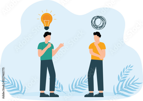 Proactive and reactive thinking, Simplify idea to solve difficulty problems concept, businessmen discussing work using creativity solving messy line into light bulb idea.

