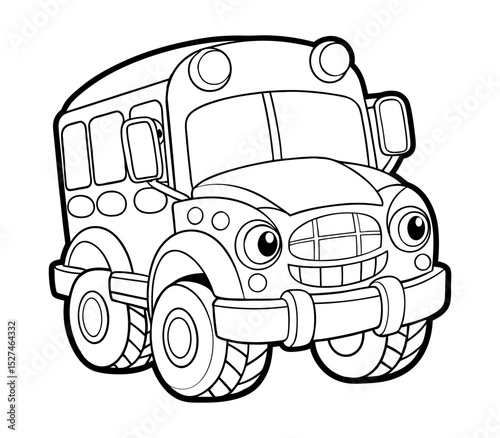 Cute black and white vector illustration of a school bus truck or monster truck, designed for coloring books and educational activities. Perfect for kids, school projects, and creative play.