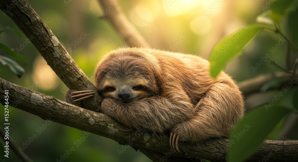 Naklejka premium Cute Brown Sloth Resting Peacefully on Tree Branch in Tropical Forest