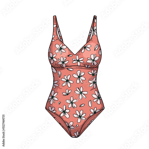 Floral patterned swimsuit in coral color for summer beach wear  