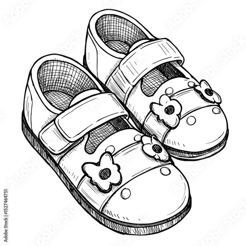 Children's shoes with floral designs in a sketch style  