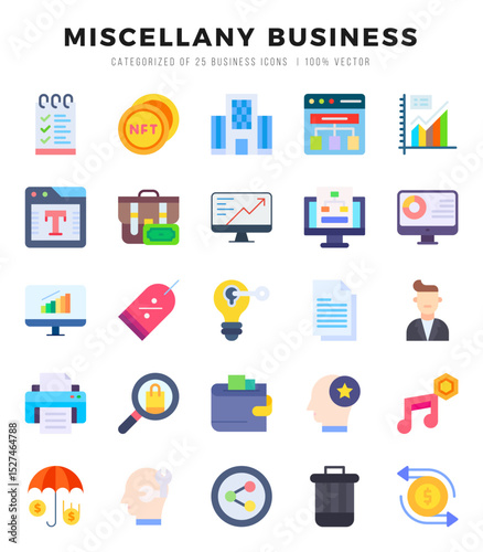 Miscellany Business Icons Pack. Flat icons set. Flat icon collection set. Simple vector icons.