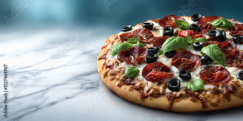 Delicious Pizza Delight: A mouthwatering pizza topped with vibrant ingredients like pepperoni slices, fresh basil leaves, and rich olives rests on a marble surface, ready to tantalize your taste buds.