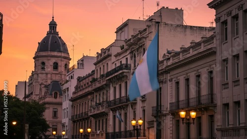 Buenos Aires sunset skyline with Argentina flag waving, patriotic urban landscape, golden hour cityscape with iconic obelisco, warm toned architecture