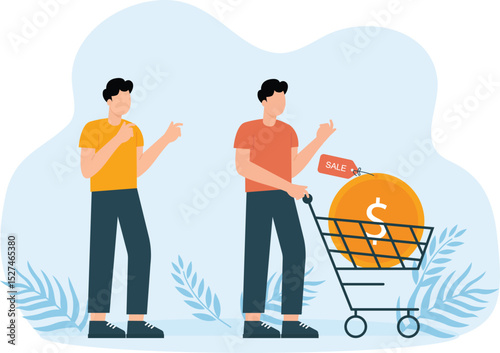 Buying Bitcoin on sale when cryptocurrency price crash to make profit concept, smart man buying or purchasing crypto currency Bitcoin in shopping cart trolley to speculate earning in the future.
