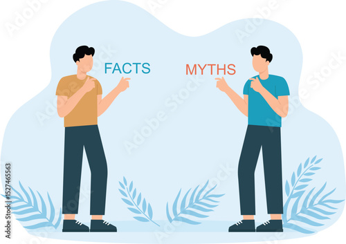 Myths vs Facts and true or false information, fake news or fictional, reality versus mythology knowledge concept, confused and doubtful businessman thinking with curiosity compare between facts or myt