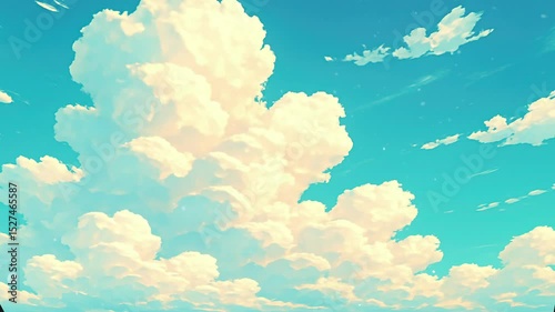 Bright clouds drift in a vibrant blue sky over a serene landscape during a clear day. Loop animation