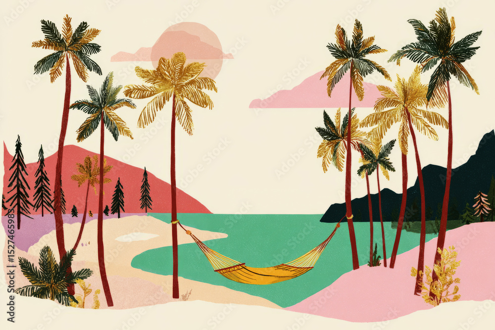 Obraz premium A peaceful beach offers clear waters, swaying palm trees, and a cozy hammock, creating the perfect spot for relaxation as the sun sets on the horizon with soft pastel colors