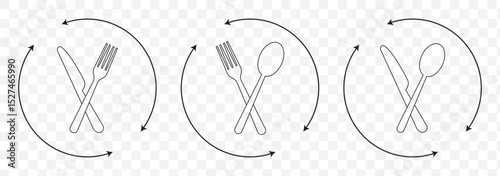Tableware thin line icon set of fork, knife, spoon. Logotype menu. Cutlery and crockery sign. Flat style eating utensils symbol collection in Stroke on Transparent Background. EPS 10.
