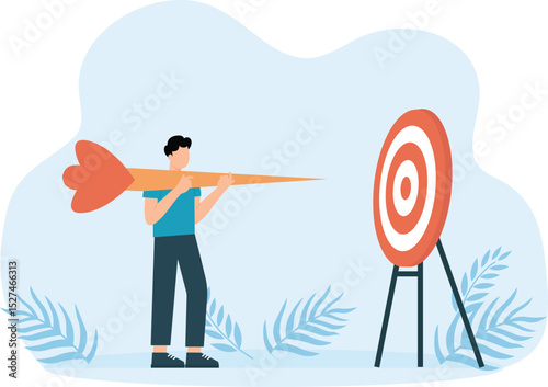 Focus on business goal and reaching target or achievement, achieve business objective or purpose, motivation to success concept, businessman holding dart jumping right to dartboard bullseye.
