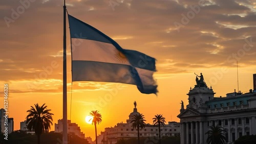 Argentine flag at sunset over city buildings