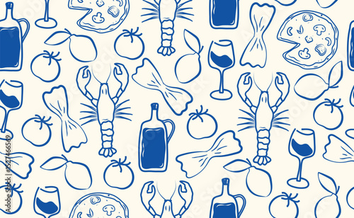 Hand drawn italian food seamless pattern. Chalk crayon sketch dish with pizza, tomato, pasta, lobster, lemon, bottle wine, italy ingredients for menu in doodle style. Vector illustration.