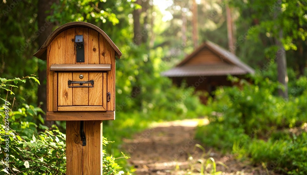 A wooden mailbox shaped like a small house on a post, with a cozy forest cabin in the background A wooden mailbox shaped like a small house on a post, with a cozy forest cabin in the background