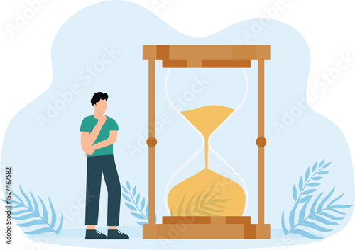 Wasting time waiting and never start new business, time fly or ineffective thinking or laziness concept, businessman sitting on time passing sandglass or hourglass.
