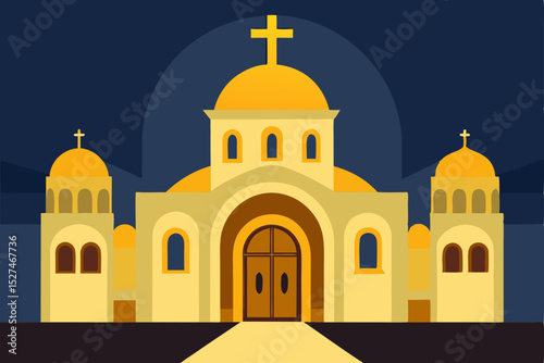 Serene Night at the Golden Orthodox Church Architectural Illustration