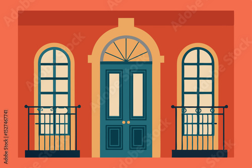 Elegant Building Facade Architectural Illustration of Door and Windows