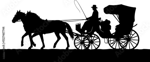 a silhouette of a horse pulling a carriage with a person in it, carriage, carriages with horses