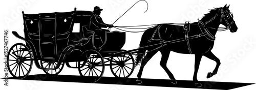 a silhouette of a horse pulling a carriage with a person in it, carriage, carriages with horses