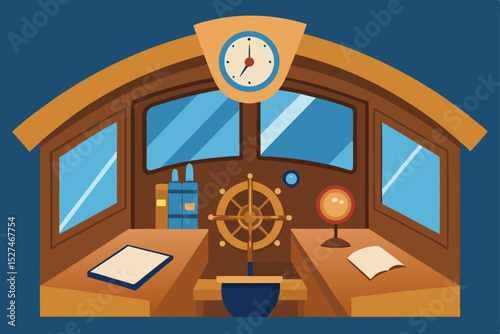 Nautical Study Captain's Quarters Illustration, Ship's Wheel and Books