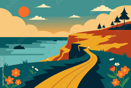 Coastal Sunset A Scenic Road Trip Illustration