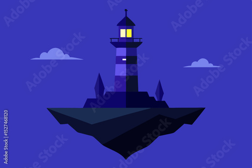 Nightfall A Lone Lighthouse on a Floating Island, Guiding the Way
