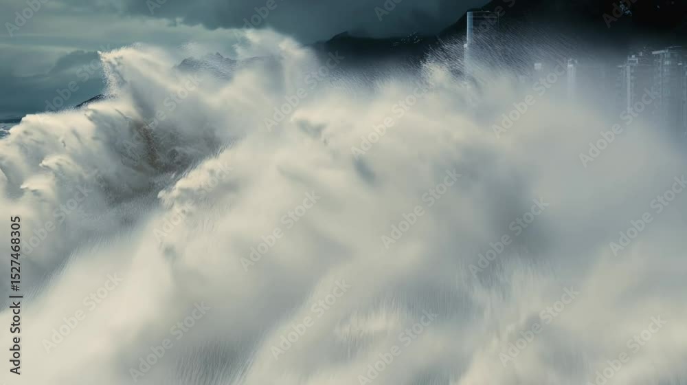 Powerful ocean waves crashing against the shore with a stormy backdrop and distant mountains