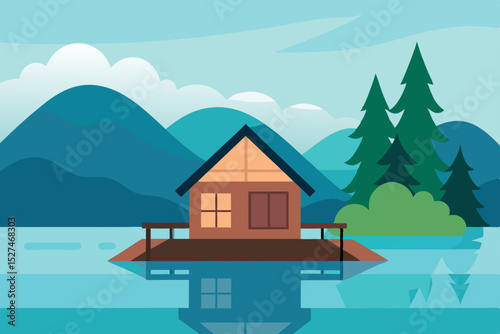 Serene Lakeside Cabin Retreat Mountain View Getaway Illustration