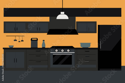 Modern Kitchen Design Sleek Black Cabinets and Orange Walls