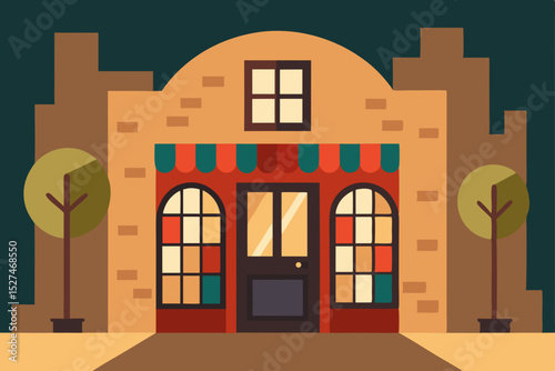 Charming Brick Building Nighttime City Shop Illustration