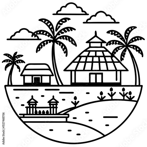 Tropical island village line art illustration