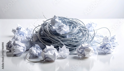 Tangled Wires and Crumpled Paper Representing Chaos and Disorganization in the Workplace or Project Management.