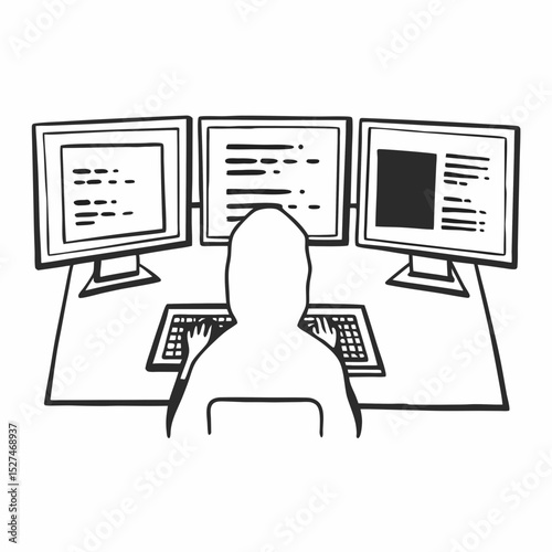 Programmer working at desk with triple monitors
