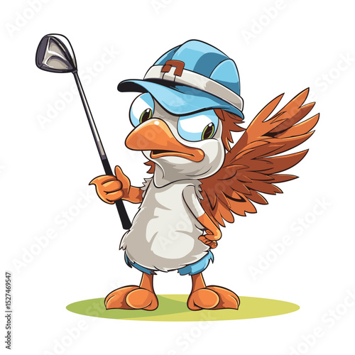 Illustration of a cartoon bird in a blue hat holding a golf club, standing on green grass. Represents sports, golf, and cute animal design, perfect for fun and playful themes.