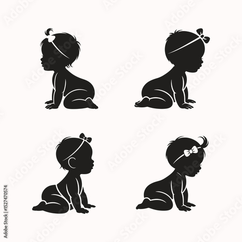 Silhouettes of crawling baby girls with hair bows vector illustration