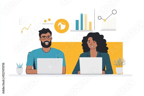 Two business professionals engaged in a virtual meeting via laptop, collaborating on a new project, Generative AI
