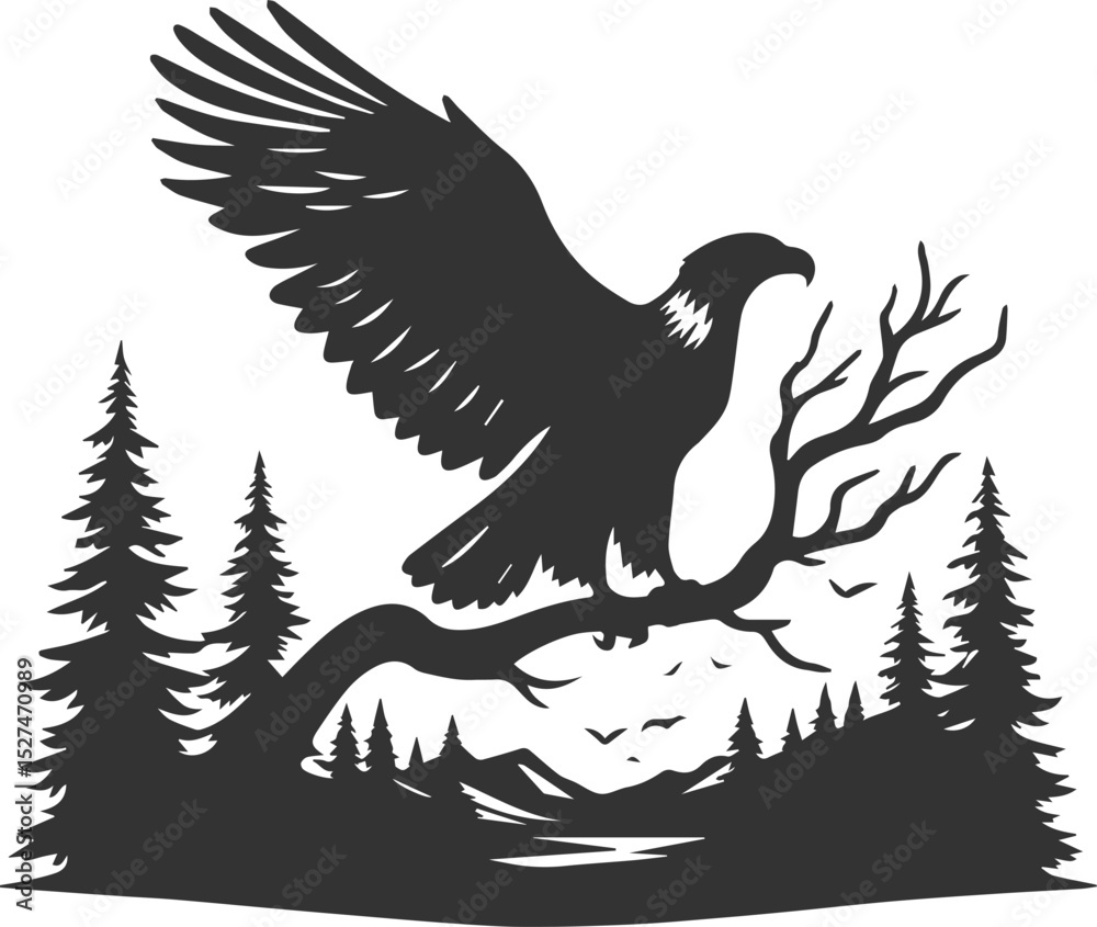Obraz premium Forest tree with eagle wildlife bird vector drawing silhouette
