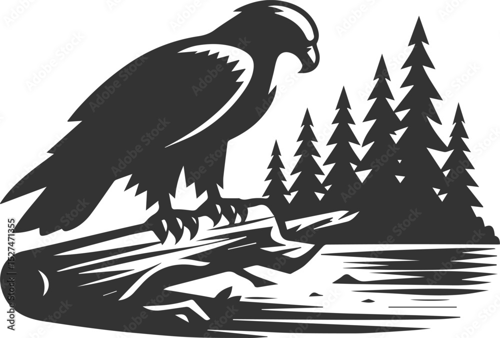 Obraz premium Forest tree with eagle wildlife bird vector drawing silhouette
