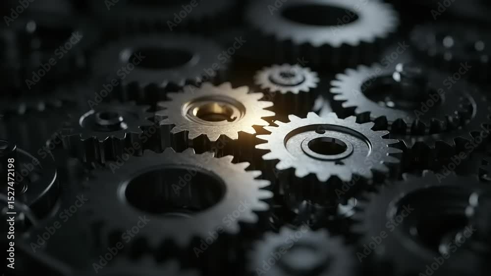 Close-up of interlocking metallic gears with a glowing highlight, showcasing intricate machinery in motion