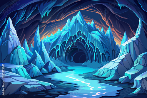 Vector illustration of a glowing glacier cave illuminated with icy blue light perfect for arctic exploration themes, nature posters, and fantasy environment design