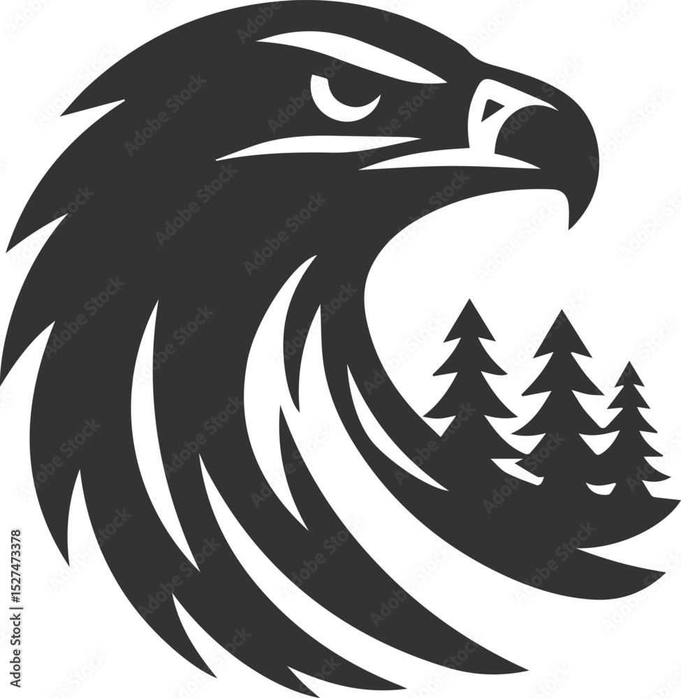 Obraz premium Forest tree with eagle wildlife bird vector drawing silhouette