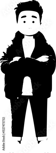 Modern cartoon character, cute and confident, wearing hoodie and jeans, standing pose, flat vector illustration style, clean white background, cheerful expression