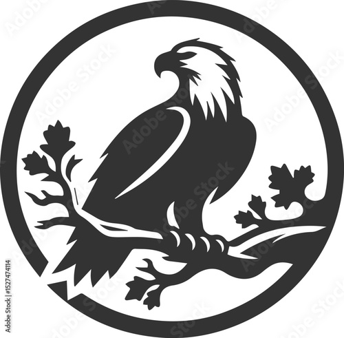 Forest tree with eagle wildlife bird vector drawing silhouette