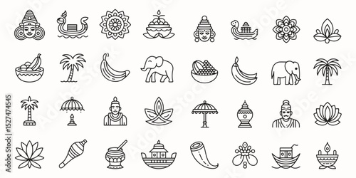 Onam Line Icon Set. Traditional Festival, Floral Decorations, Celebration Vector Illustration