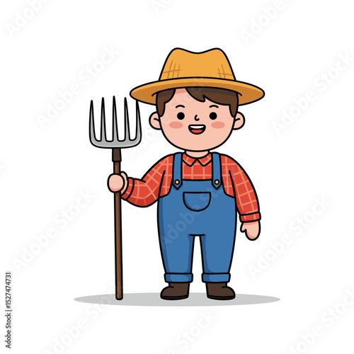 Little kid wearing farmer costume and holding pitchfork