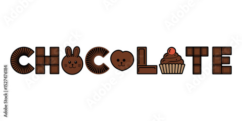 Chocolate word art with sweets and bunny isolated on white background