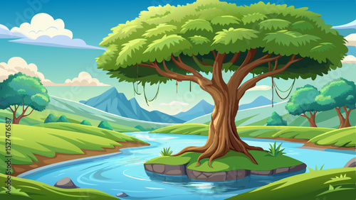 Lush green tree gracefully hanging over a calm river under a clear blue sky. Serene natural landscape conveying tranquility and peacefulness, vector illustration