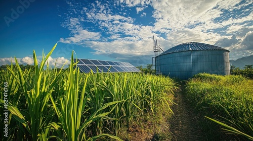 Aerial shot of a sugarcane farm with solar panels, a large water tank, and well-maintained irrigation systems