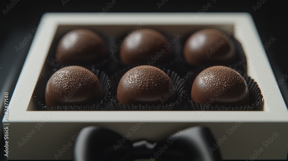 Obraz premium Elegant dark chocolate truffles in a white box with a black bow